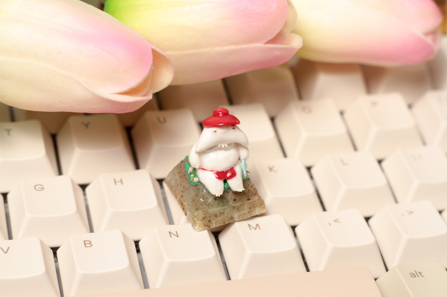 Studio Ghibli Inspired Radish Spirit sitting on a concrete grass meadow.