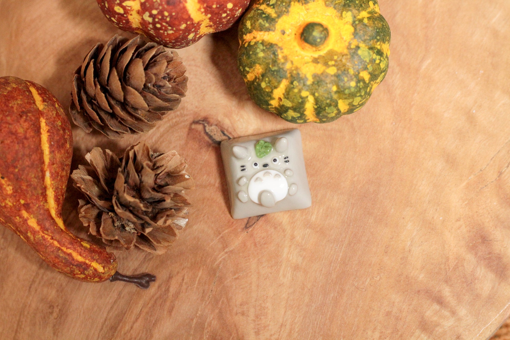 Three Totoro variations: Grey/green Totoro with leaf on the head, Pink Totoro with sakura flower on the head, and grey Totoro with soot spirit on the head.